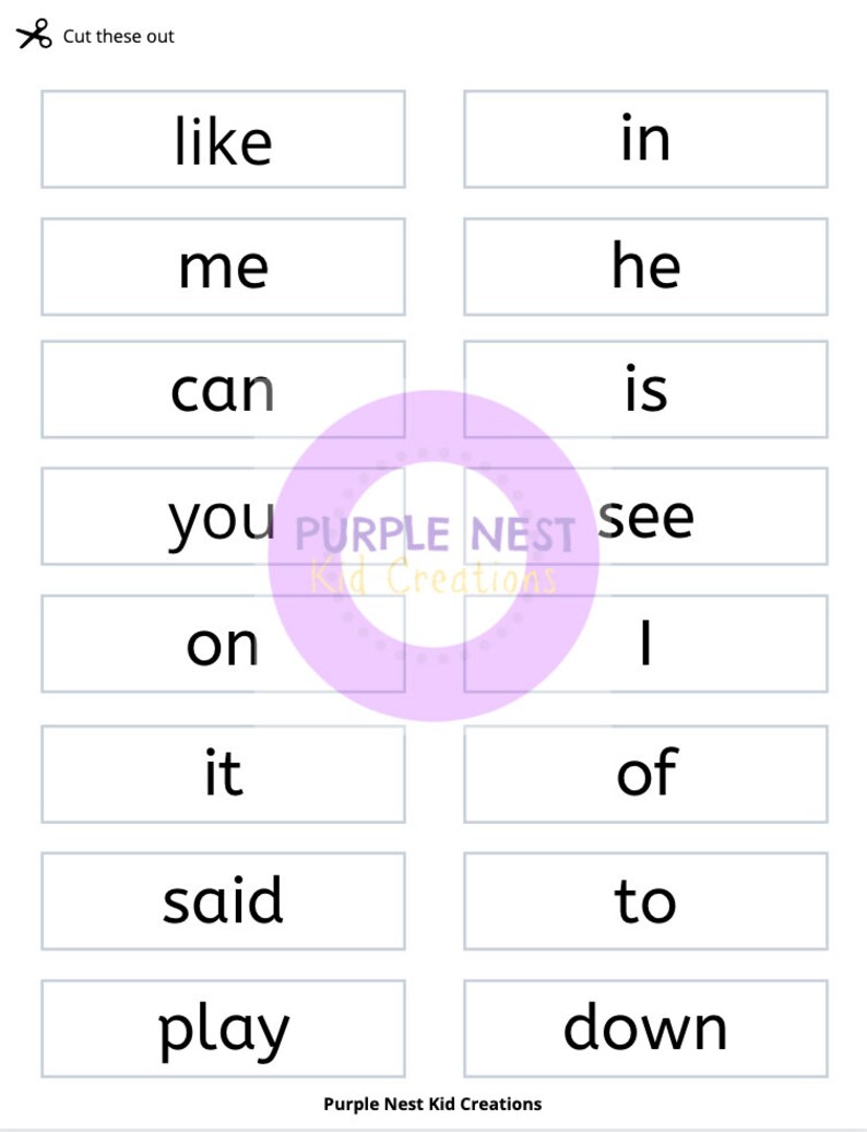 May include: A printable set of 12 sight words for kids. The words are: like, in, me, he, can, is, you, see, on, it, of, said, to, play, down.