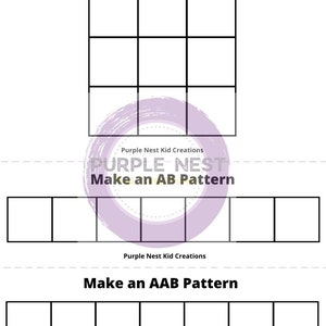 Op de afbeelding: Een zwart-wit werkblad met instructies om een AB- en AAB-patroon te maken. Het werkblad heeft een raster van negen vierkanten en twee rijen van vijf vierkanten.