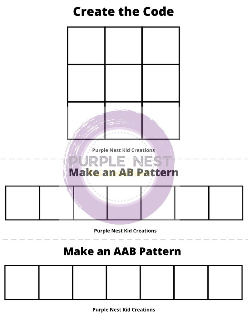 Op de afbeelding: Een zwart-wit werkblad met instructies om een AB- en AAB-patroon te maken. Het werkblad heeft een raster van negen vierkanten en twee rijen van vijf vierkanten.