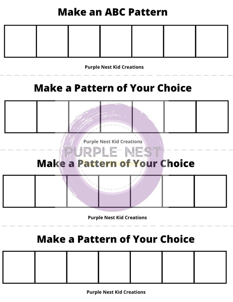 Op de afbeelding: Een printbaar werkblad met vier rijen lege vierkanten. De bovenste rij heeft de tekst "Make an ABC Pattern". De overige rijen hebben de tekst "Make a Pattern of Your Choice".