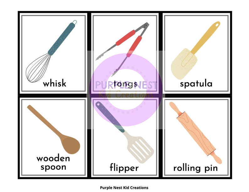 Kitchen Tools Flash Cards Montessori Nomenclature Three Etsy