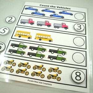 Count the Vehicles Worksheet, Counting Game, Educational Preschool Printable Activity, Homeschool Game, Tot School, Busy Binder