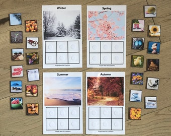 May include: Four printable cards with images of the four seasons: winter, spring, summer, and autumn. Each card has a title and a picture of the season. Below the picture are nine blank circles.