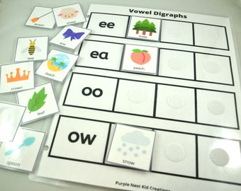 May include: A white card with black borders and the title "Vowel Digraphs".  The card has four rows of squares with different vowel digraphs, such as "ee", "ea", "oo", and "ow".  Each row has three squares, with the first square containing a picture representing the digraph, and the other two squares are blank.
