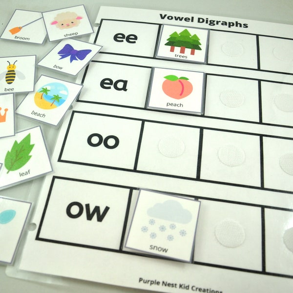 Vowel Digraphs Matching Worksheet, Phonics Game, Vowels, Educational Printable Activity, Homeschool Game, Kindergarten, Grade One, Literacy