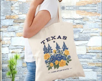 Texas Bluebonnets and Yellow Roses Canvas Tote Bag 2 - Lone Star Floral Market Shopper, Texas State Flower Gift, Eco-Friendly Shoulder Bag