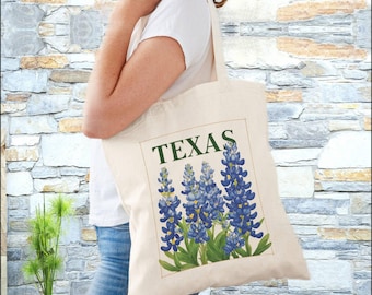 Texas Bluebonnets Cotton Canvas Tote Bag, Floral Shoulder Bag, Wildflower Shopping Tote, Beach, Spring Market Texan Gift, Reusable Grocery