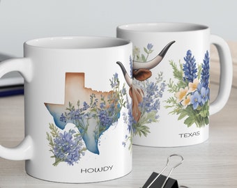 Howdy Texas Ceramic Mug 11oz., Wrap-Around Image, Microwave-Safe, Texas Bluebonnets, Longhorn, Wildflower Floral, Nature Botanical
