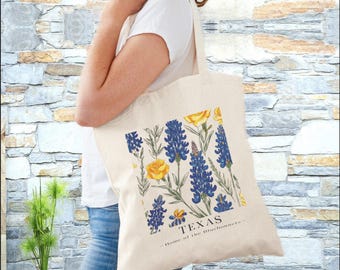 Bluebonnets and Yellow Roses Tote Bag, Texas Floral Canvas Bag, Texas Gift, Reusable Shopping Bag, Eco-Friendly Tote, Texas Bluebonnets,