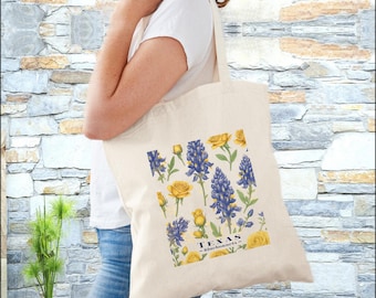 Texas Bluebonnets and Yellow Roses Tote Bag, Floral Canvas Bag, Texas Gift, Shopping Bag, Eco-Friendly Tote, Texas Bluebonnets, Market Bag