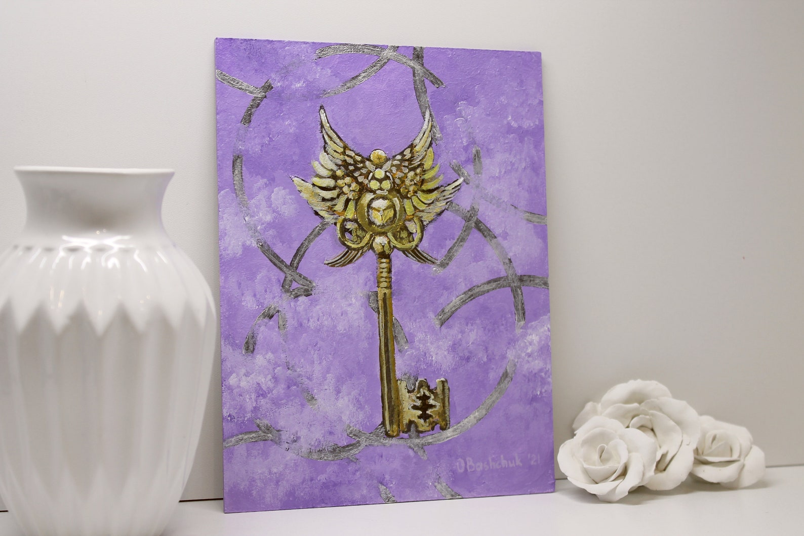 A special key original acrylic painting winged key painting Etsy