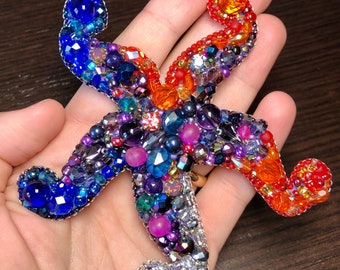 Colorful Star fish brooch with beads and crystals