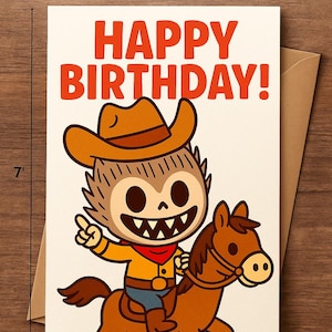 Cowboy Labubu Birthday Card - Digital Download | Funny Western Printable Birthday Card for Kids or Adults | Cute Kawaii Cartoon PDF Card