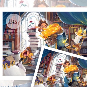 Peut inclure: Une impression color&eacute;e repr&eacute;sentant les personnages de La Belle et la B&ecirc;te dans une biblioth&egrave;que. L'image inclut Belle, la B&ecirc;te, Lumi&egrave;re, Big Ben et une rose sous cloche. Les dimensions sont 15.2x20.3 cm et 21.6x27.9 cm.