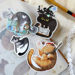 Katt-tema klistermärkespaket | Innehåller 3 vinylklistermärken + 1 holografiskt klistermärke