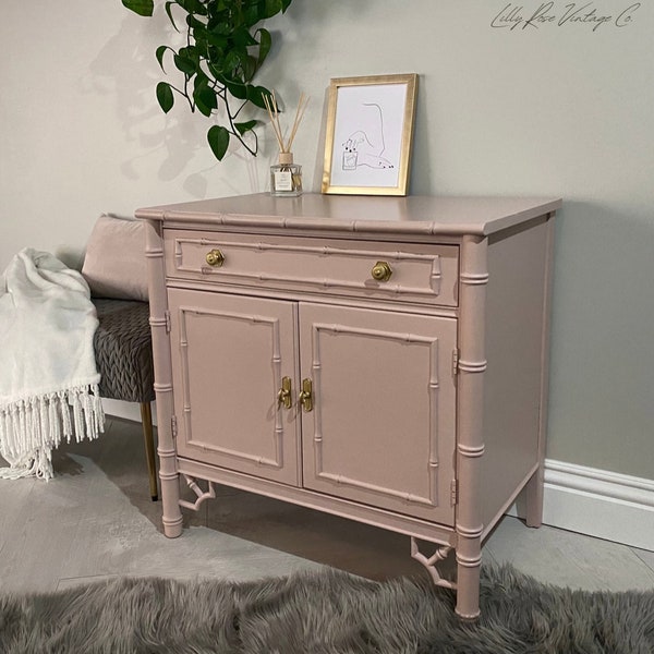 SOLD***SAMPLE PIECE Vintage Thomasville Allegro Pink Faux Bamboo Cabinet Side Table Entry Table Tv Stand with Gold Brass Hardware