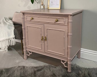 SOLD***SAMPLE PIECE Vintage Thomasville Allegro Pink Faux Bamboo Cabinet Side Table Entry Table Tv Stand with Gold Brass Hardware