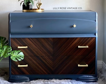 SOLD***SAMPLE PIECE Rare 1930's Vintage Art Deco Waterfall Tallboy Dresser Chest of Drawers Blue Gray Hollywood Regency with Brass Hardware