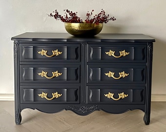 SOLD***SAMPLE PIECE Vintage Dixie Cabaret Dark Gray Charcoal Navy Black French Provincial Dresser Chest of Drawers with Gold Brass Hardware