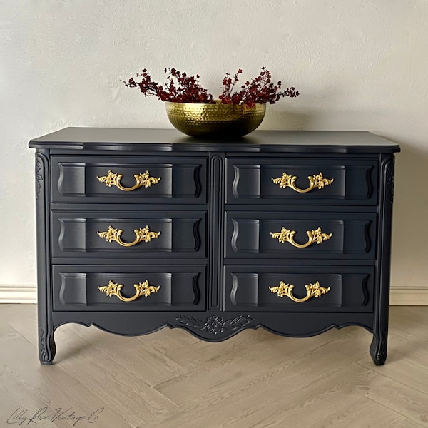 SOLD***SAMPLE PIECE Vintage Dixie Cabaret Dark Gray Charcoal Navy Black French Provincial Dresser Chest of Drawers with Gold Brass Hardware