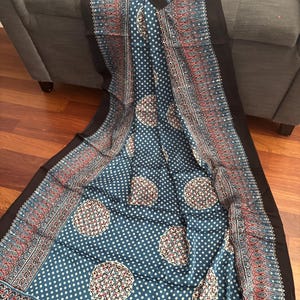 Indigo Blue Ajrakh Pure Modal Silk Saree|| Handmade Saree|| Blue Modal Silk Saree|| SareeshipsfromUSA ||PiranUSA|| Hand Block Ajrakh Sari||