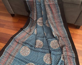 Indigo Blue Ajrakh Modal Silk Saree: Hand Block Print, Unstitched Blouse