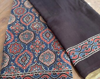 Indigo Ajrakh Modal Silk Saree: Hand Block Print, Zari Pallu