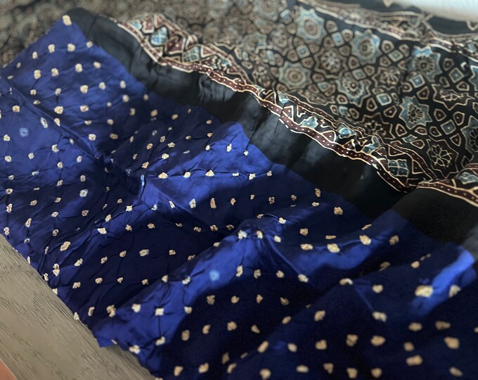 Green - Kutch Ajrakh Patch Tie-Dye Modal Silk Bandhani with Mirror Work Saree 05