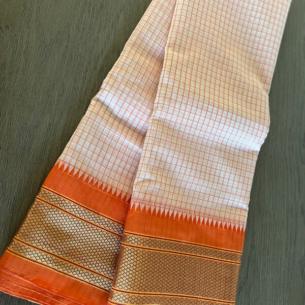 Handloom Pure  Cotton  Saree Temple Border || Off white Orange Checked Saree || Piran USA Saree|| SareeshipsfromUSA||