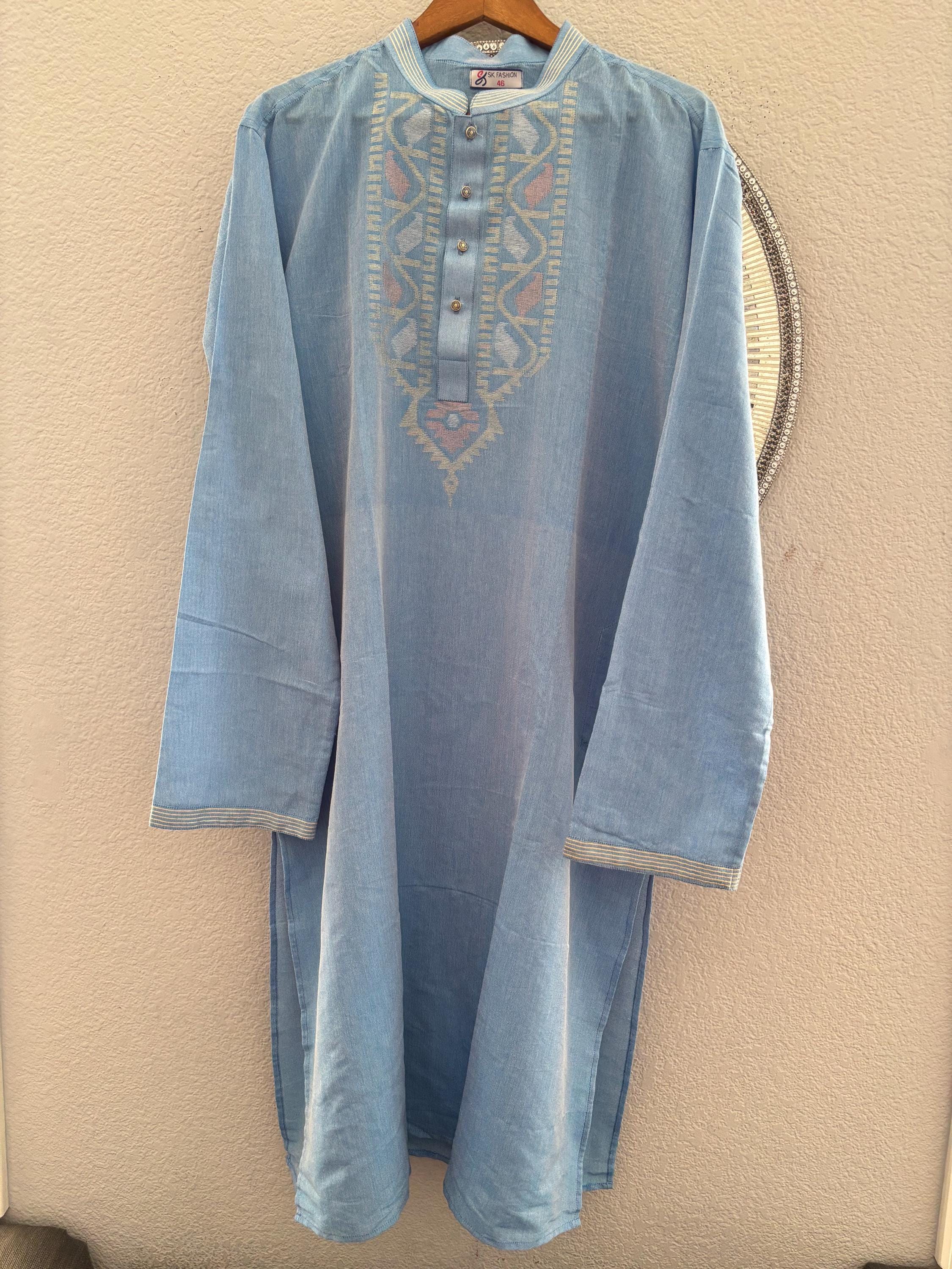 Menz Panjabi: Men's Kurta, Jamdani Panjabi, Eid/ Puja Collection, Sky Blue Tussar Silk Panjabi / Light Blue Jamdani Panjabi
