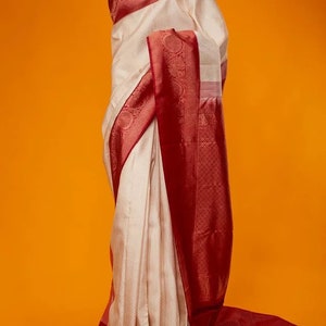SilkMark Certified Pure Kanjeevaram Silk Saree || Off-white Red Kanchipuram Silk Sari || Beige Handloom Silk Saree||SareeUSA