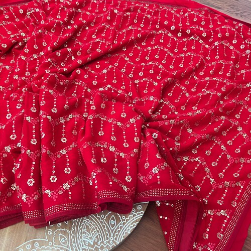 Blood Red Embroidered Georgette Silk Saree || Red Sequins Party Sari || Sequins Work Saree ||SareeShipsfromUSA ||PiranUSACloset|| shops