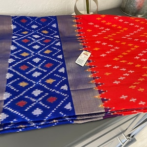 SilkMark Certified Pure Ikkat Silk Saree ||Orange Blue Pochampally Ikkat Pure Silk Saree || Saree Ships from USA || PiranUSACloset ||
