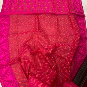 Machine Woven  Dhakai Jamdani Saree from Bangladesh ||Magenta Rust Jamdani Half Silk Saree || Tangail Jamdani ||SareeshipsfromUSA||