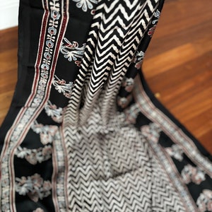 Black - Ajrakh Block Print Modal Silk Brooch Scarf 31