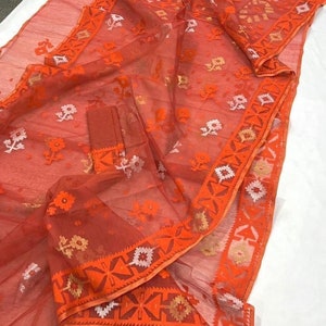84 Ct Handloom Dhakai Jamdani Saree from Bangladesh || Rust Maroon with Orange border Jamdani Half Silk Saree || Original Dhakai Jamdani ||