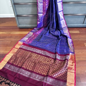 Handloom SilkMark Certified Pure Uppada Silk Saree || Dark Blue Maroon Pure Upada Silk Saree || Saree Ships From USA || Piran USA Saree |