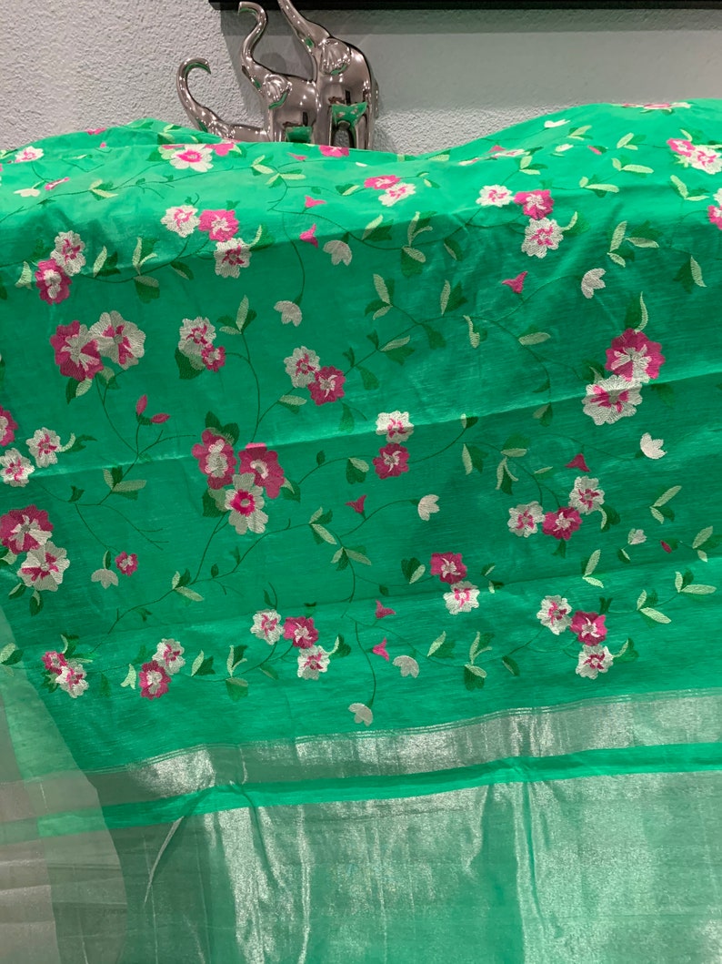 Parrot Green Saree Smooth Embroidered Green Silk Saree Embroidered Silk Sari