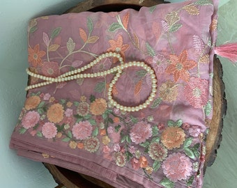 Mauve Pink Organza Silk Saree: Thread Embroidered Designer Sari