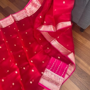 SilkMark Certified Pure Kora Banarasi Silk Saree|| Red Kora Banarasi Silk Sari||SareeShipsfromUSA||PiranUSA|| Saree|| Gift for Women||