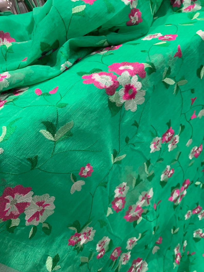 Parrot Green Saree Smooth Embroidered Green Silk Saree Embroidered Silk Sari