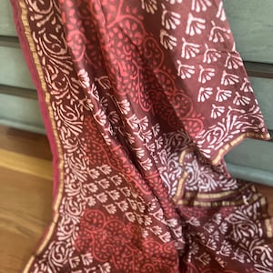 Rust Maroon Chanderi Bagru Printed Silk Cotton Saree with Zari Woven Border || Rust Maroon Saree  || Saree Ships from USA || Piran USA||