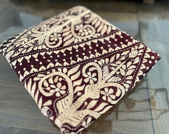 Maroon Kantha Stitch Pure Silk Saree: Hand Embroidered Bengal Saree