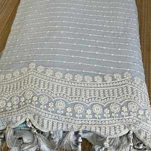 Pastel Blue Pure Georgette Chikankari Work Saree || Grey Blue Sequins Chikankari Sari || Saree Ships From USA ||Piran USA||