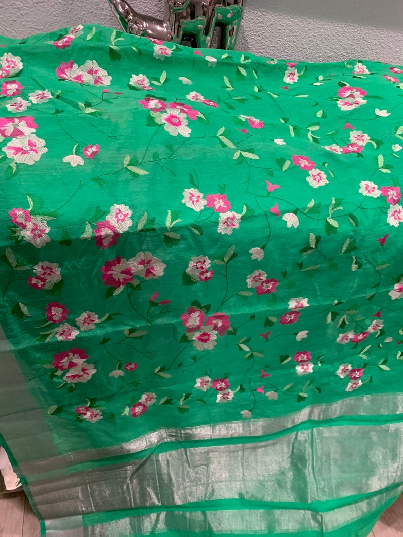 Parrot Green Saree Smooth Embroidered Green Silk Saree Embroidered Silk Sari