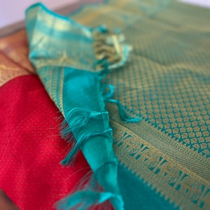 SilkMark Certified Pure Kanjeevaram Silk Saree || Rust Red Blue Kanchipuram Silk Sari || Handloom Silk Saree|| Piran USA Saree||