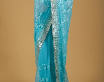 Embroidered Aqua Blue Chiffon Silk Saree: Party Sari