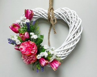 Tulips and Peonies Heart Wreath, Wicker Heart Handmade Door Wreath