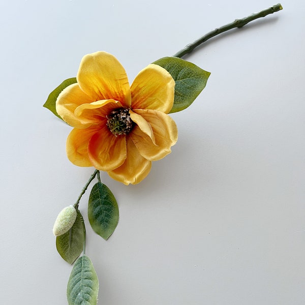 3 x Artificial Silk Gold Magnolia Stems, Faux Budding Magnolia Flower Spray