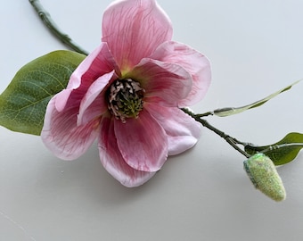 3 x Artificial Silk Dusty Pink Magnolia Stems, Faux Budding Magnolia Flower Spray